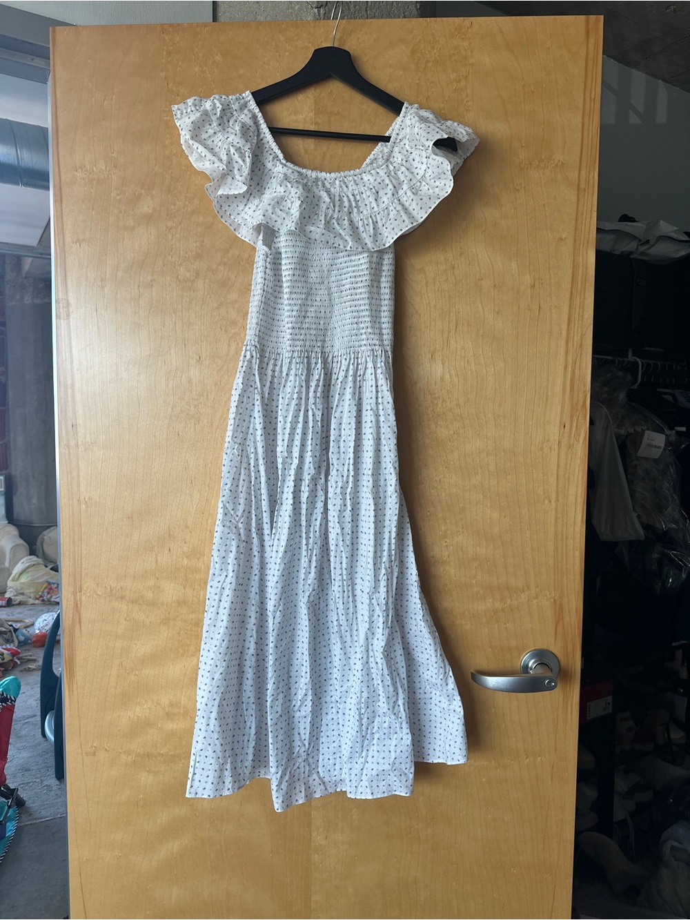 Hill House Home off the shoulder blue and white dot dress, XS